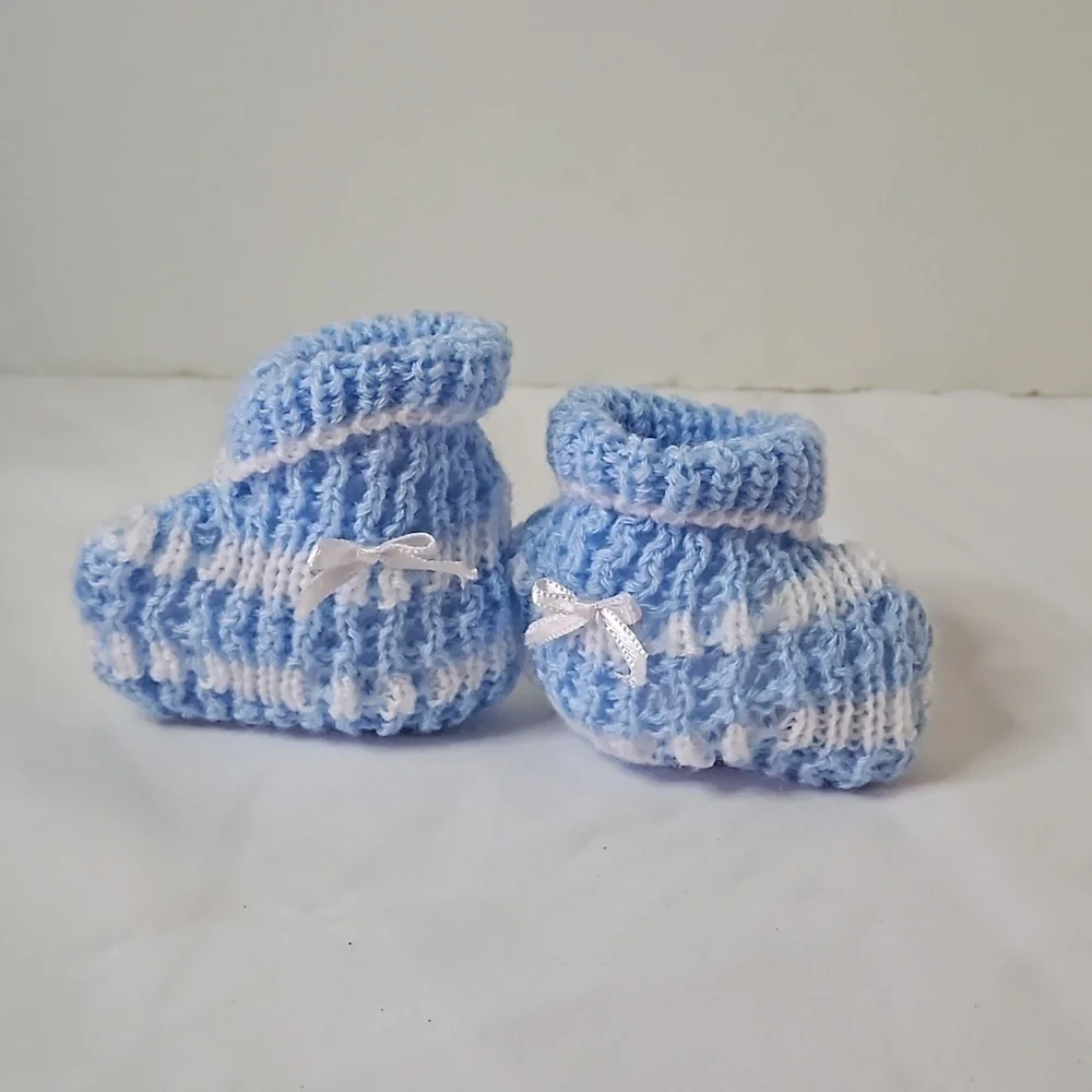 Hand Crafted Crochet Baby Shoes Baby Blue and white Tread & Handmade Bow Ribbon